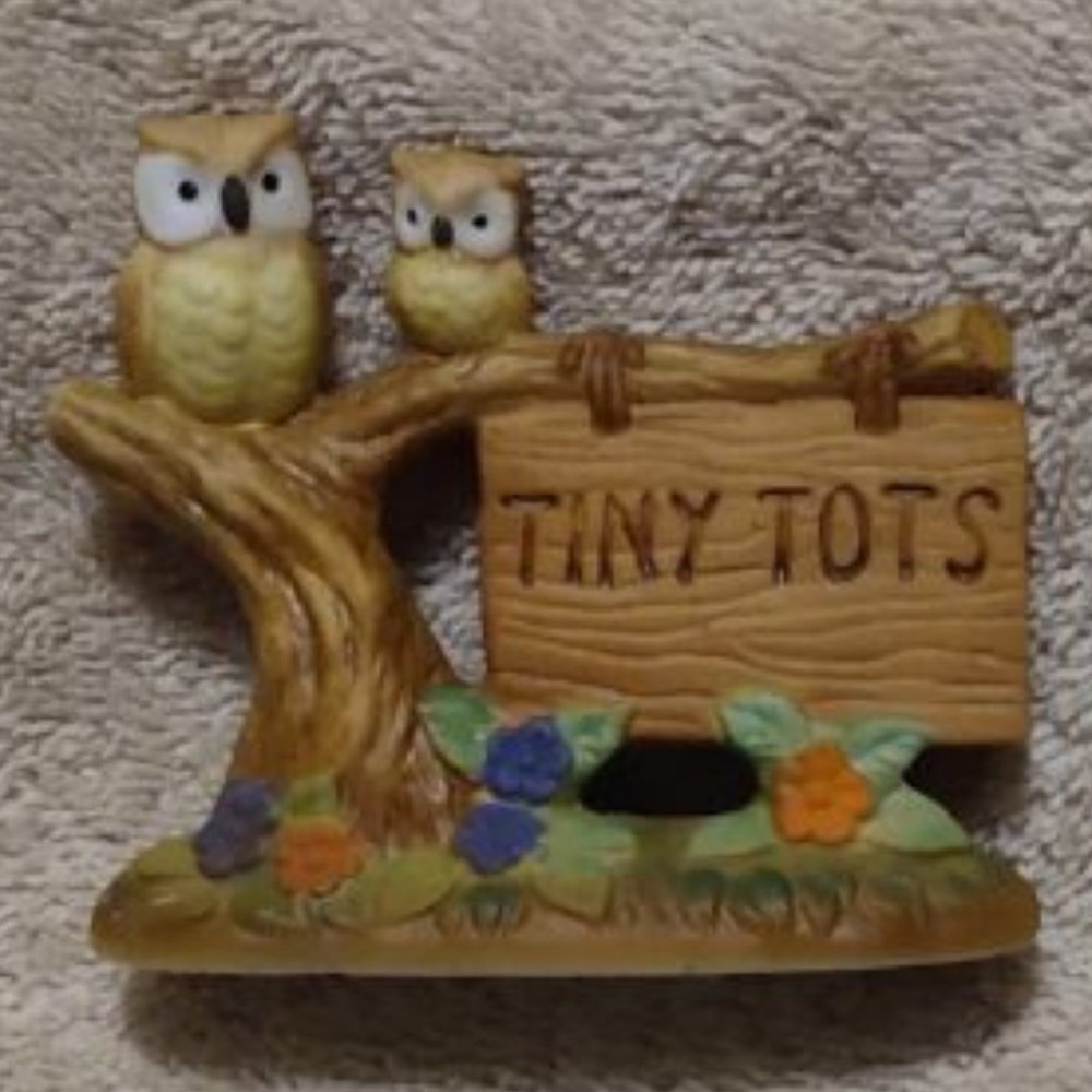 Napco Tiny Tots Porcelain Figurine Mother & Baby Owl on Tiny Tots Sign